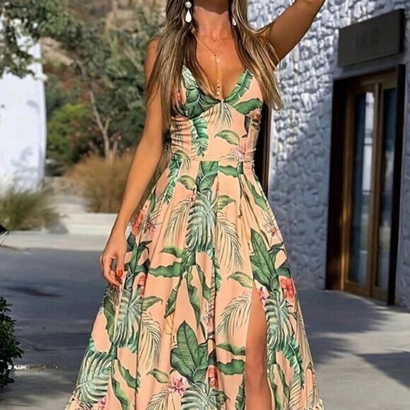 Multicolor Boho Women's Tropical Print Striped High Slit Spaghetti Strap Dress - Picture 1 of 3